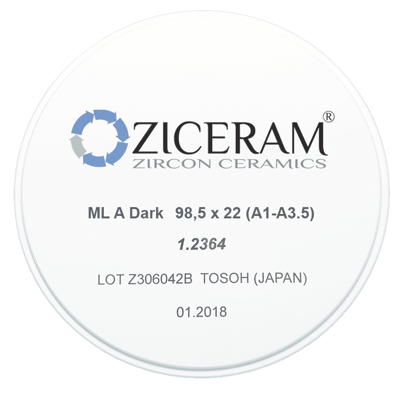 Многослойные заготовки диоксида циркония ML A Dark 98,5х22 (A1-A3.5)