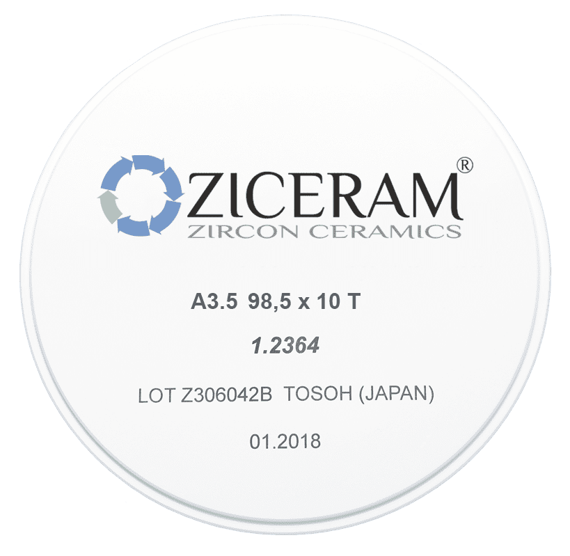 Заготовки диоксида циркония ZICERAM с оттенком А3.5 98,5x10T, транслюцентные