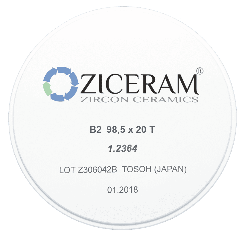 Заготовки диоксида циркония ZICERAM с оттенком В2 98,5x20T, транслюцентные