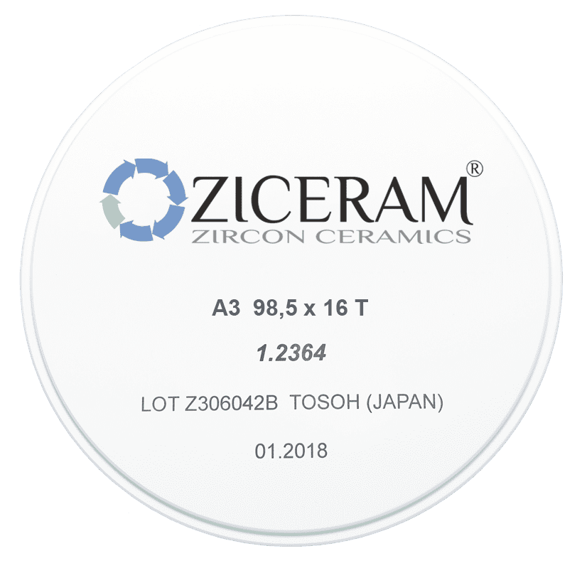Заготовки диоксида циркония ZICERAM с оттенком А3 98,5x16T, транслюцентные