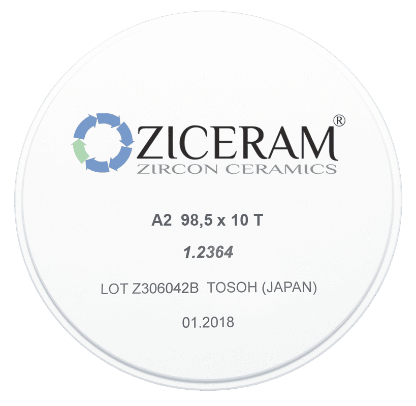 Заготовки диоксида циркония ZICERAM с оттенком А2 98,5x10T, транслюцентные