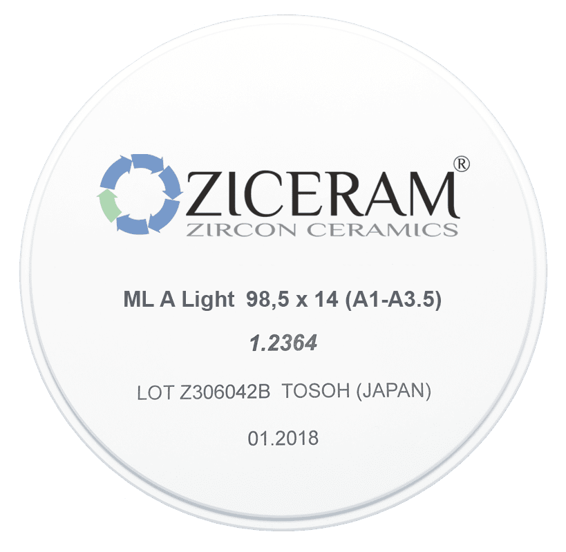 Многослойные заготовки диоксида циркония ML A Light 98,5х14 (А1-А3.5)