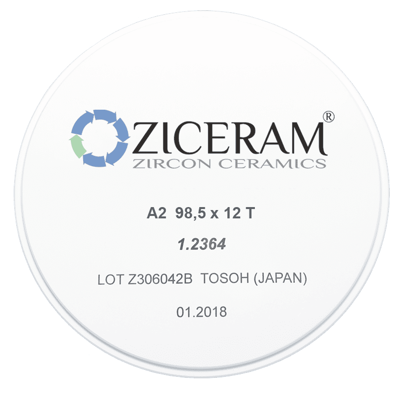 Заготовки диоксида циркония ZICERAM с оттенком А2 98,5x12T, транслюцентные