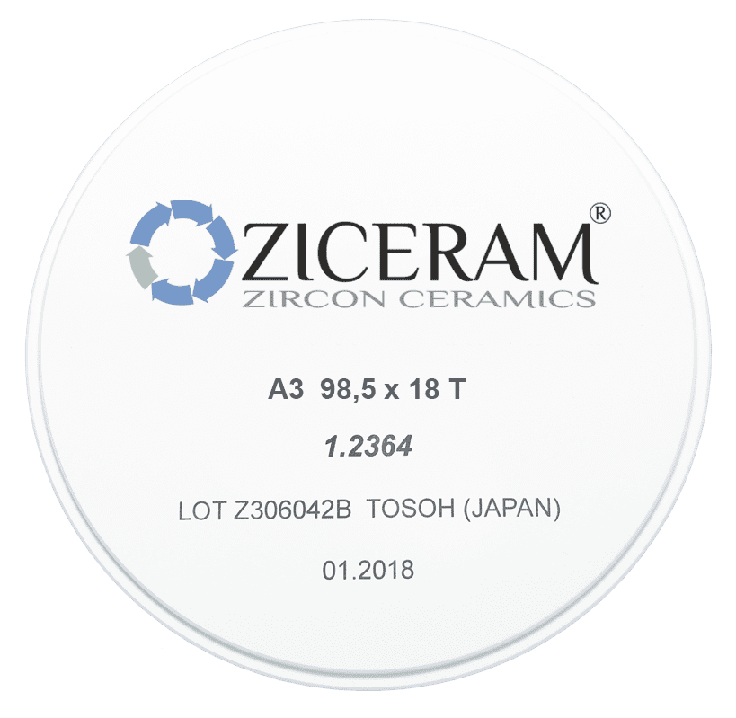 Заготовки диоксида циркония ZICERAM с оттенком А3 98,5x18T, транслюцентные
