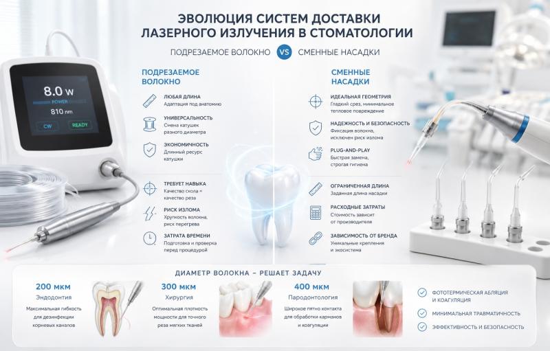 Эволюция систем доставки лазерного излучения в стоматологии: подрезаемое волокно против сменных насадок